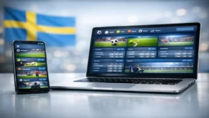 Sports betting platforms on smartphone and laptop showing multiple markets like football, tennis, basketball, and esports